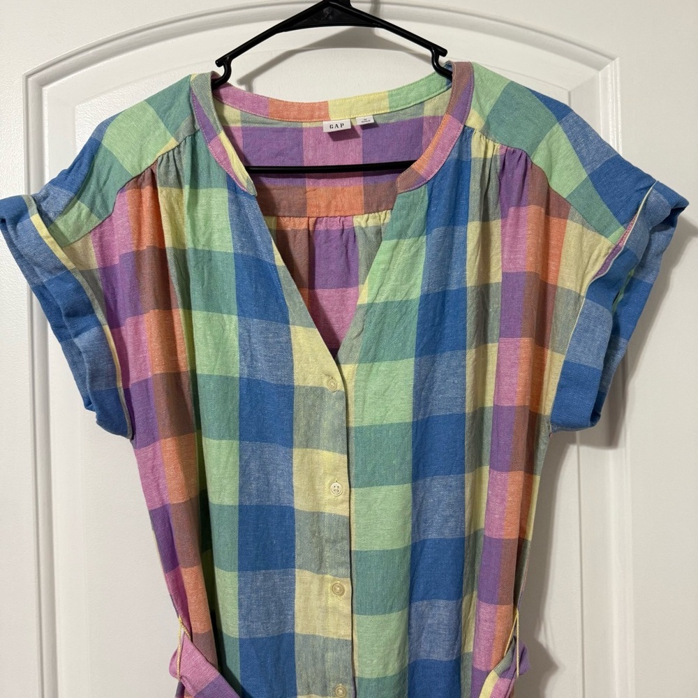 Gap Plaid Midi Shirt Dress Women’s Size Medium Easter Spring V-Neck Linen Blend - Picture 2 of 5